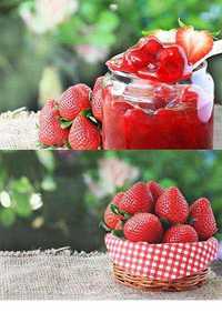 Strawberry jam on sackcloth and fresh strawberry
