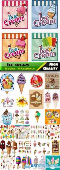 Fruit chocolate vanilla cold ice cream in balls and waffle cups and cone in vector from stock 