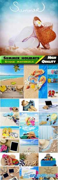Stuff for summer holidays and vacation - slippers, beach sand, hat, sunglasses, towel, suntan lotion, shells, starfish, swimming pool Stock images