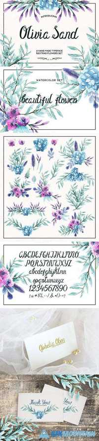 Olivia Sand Typeface & Flowers set