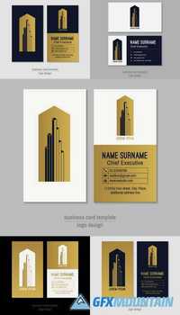Abstract Vertical Gold and Blue Vector Business Card Template