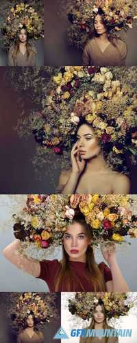 Beauty Fashion Female Portrait with Large Garland Dried Flowers
