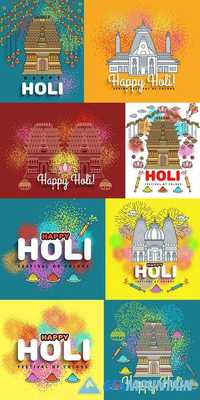 Happy Holi Indian Festival of Colors Flat Thin Line Greeting Card Banner Template