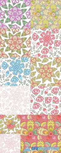Abstract Vector Seamless Pattern with Flowers, Leaves and Swirls