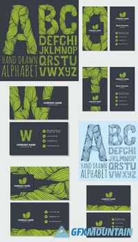 Business Cards with Eco Elements Leaf - Decorative Alphabet Vector Font