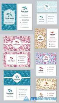 Visiting Card or Business Card Set with Cute Hand Drawn Birds and Flowers