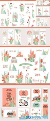 Wedding Invitation Card with Romantic Flower Templates