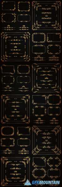 Vector Set of Gold Decorative Horizontal Floral Elements, Corners, Borders, Frame, Dividers, Crown