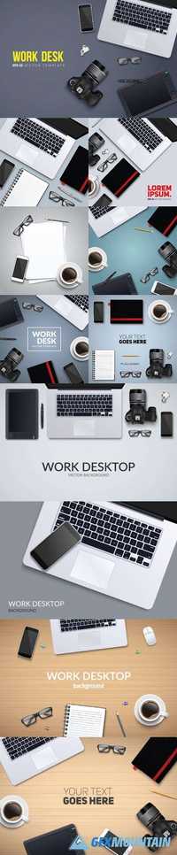 Office desk table with photo camera and laptop top view