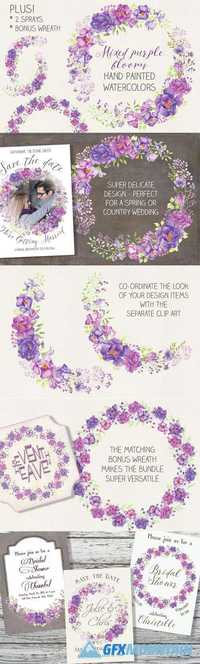 Watercolor wreath: purple blooms 614699