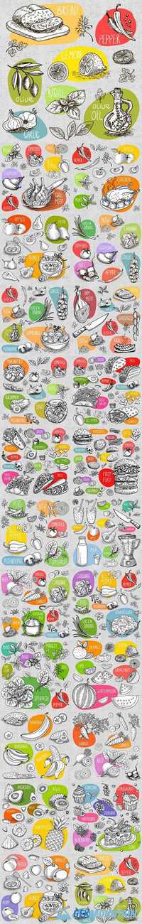 Food fruit vegetables berries and spices stickers in sketch style
