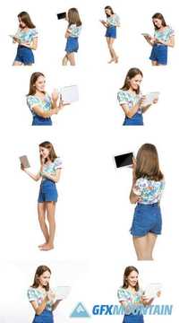 Funny Young Girl with a Tablet Isolated