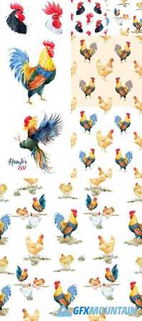 Watercolor Cock Rooster Pattern
