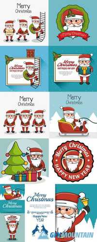 Greeting Merry Christmas Set Santa Claus Funny Vector