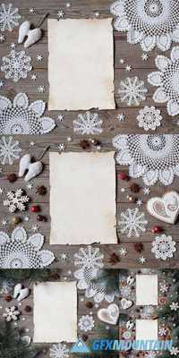 Christmas Wooden Background with Lace Snowflakes, Gingerbread and Blank Greeting List