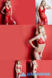 Sexy Blonde Girl in Red Lingerie Posing in the Studio