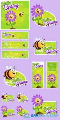 Hello Spring - Cartoon Flowers and Bee