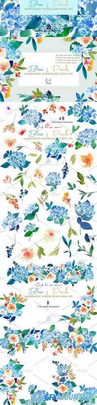 Blue & Peach- Watercolor Floral Set 1290812