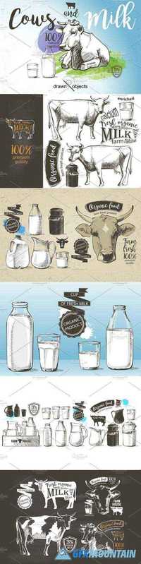 Cows and Milk. Hand drawn Vector set 1167981