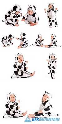 Two Babes in a Fancy Dress Cow Costume on White Background