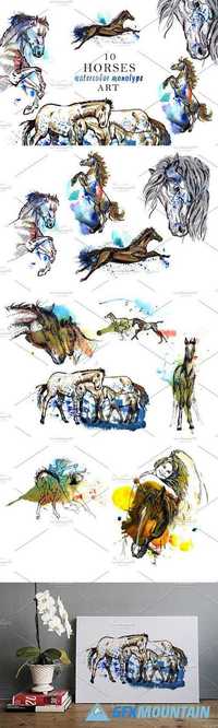 HORSE WATERCOLOR MONOTYPE ART 1636444