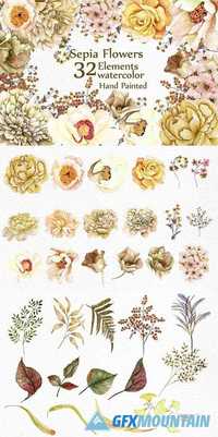 WATERCOLOR SEPIA FLOWERS CLIPART 1632764