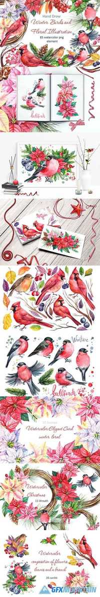 WINTER BIRDS AND FLORAL ILLUSTRATION - 2010561