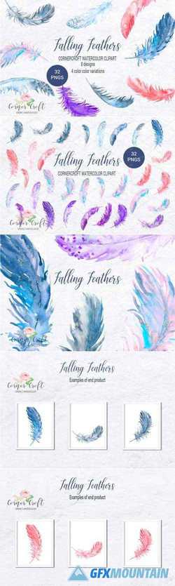WATERCOLOR CLIPART FALLING FEATHERS - 2178814