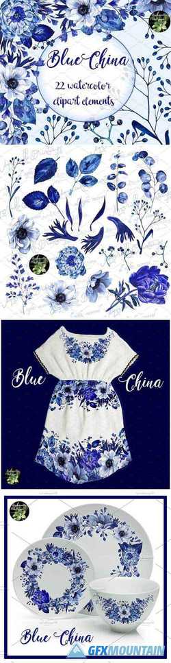 BLUE CHINA SET 22 WATERCOLOR CLIPART 2232951