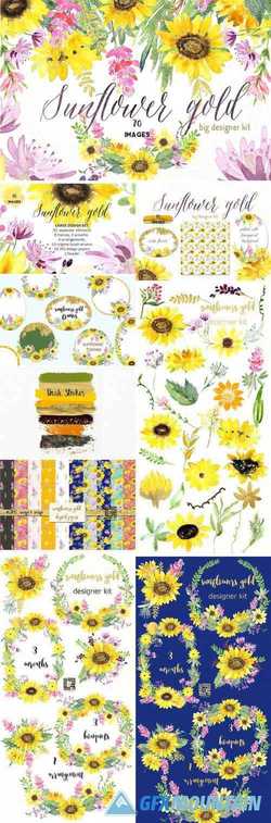 SUNFLOWERS GOLD WATERCOLOR CLIPART - 1522351