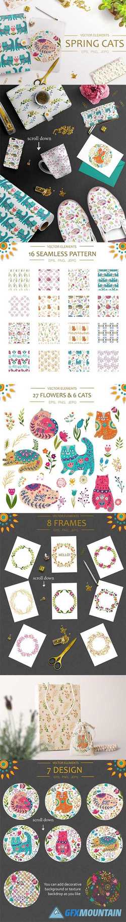 Vector Spring Cats and Plants 2421455
