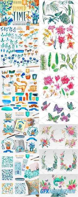 Summer Time, Tropical Flowers Collection - watercolor clipart bundle