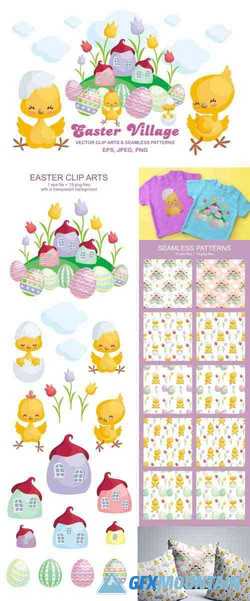 EASTER VILLAGE VECTOR CLIP ARTS AND SEAMLESS PATTERNS - 53794