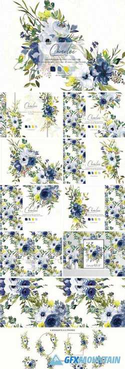 WATERCOLOR NAVY & WHITE FLOWERS - 3659018