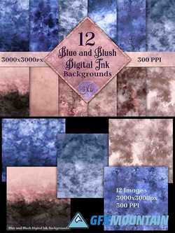 Blue and Blush Digital Ink Backgrounds - 12 Image Textures