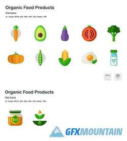 Organic Food Products Flat Colored Vector Icons