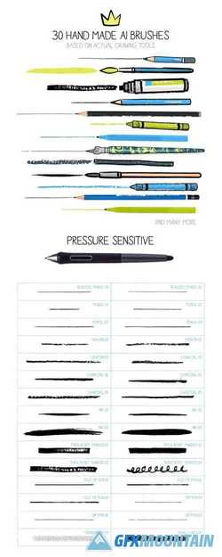 30 Hand Made & Pressure Sensitive Brushes For Illustrator