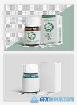 Pill Bottle and Box Packaging Mockup 