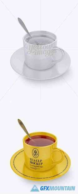 Glossy Cup & Saucer With Filing Mockup (High-Angle Shot)