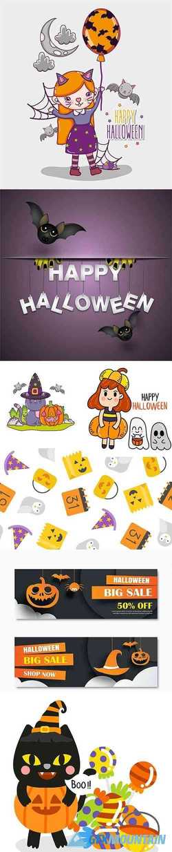 Happy Halloween Illustration Set +Bonus Social Banner and Halloween Pattern