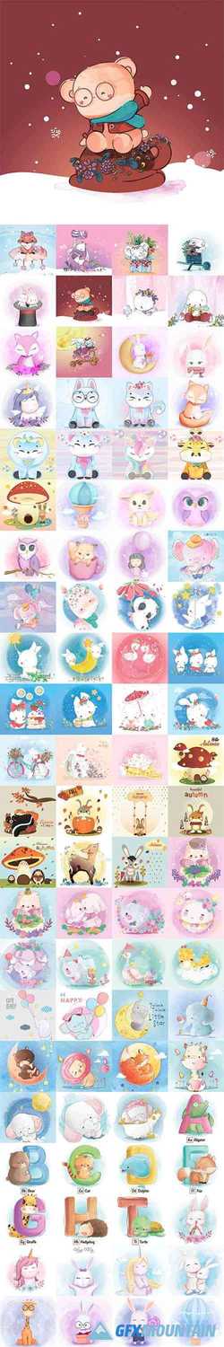 Hand Draw Lovely Cute Watercolor Animal Vector Pack
