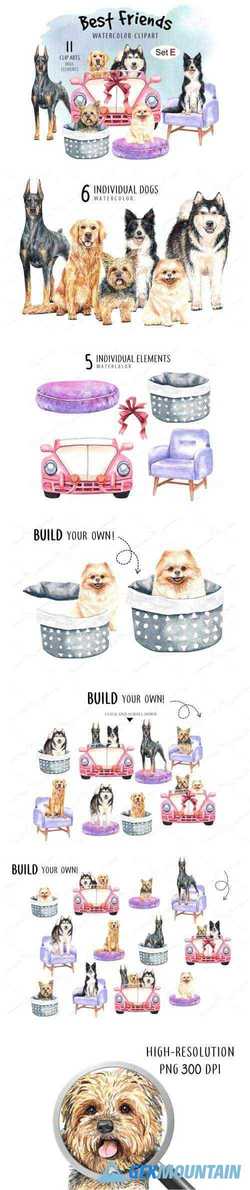 DOG CLIP ART, WATERCOLOR PAINTING DOG AND TOY SET E - 352457
