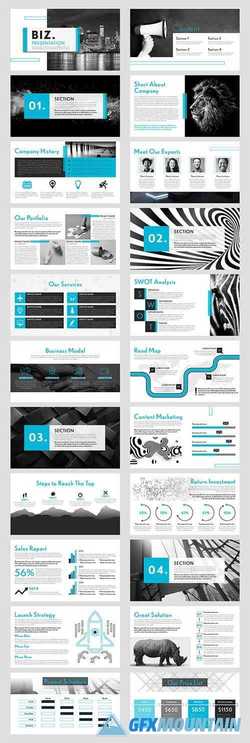 Presentation Layout with Blue and Black Accents