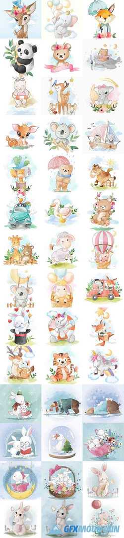 Set of Hand Draw Watercolor Adorable Animals Illustrations