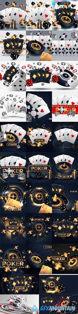 Set of Casino with Poker Cards and Roulette Wheel Illustrations