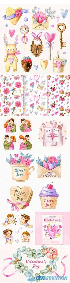 Happy Valentine's Day romantic watercolor illustrations