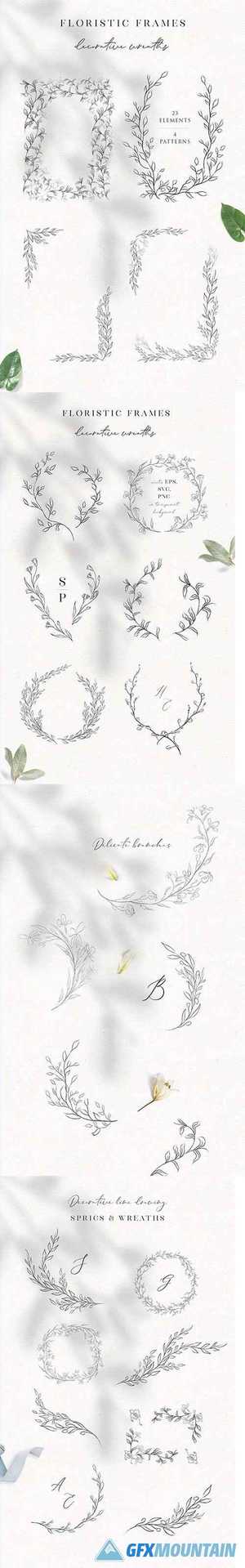 Line Drawn Floral Wreaths, Sprigs, botanicals