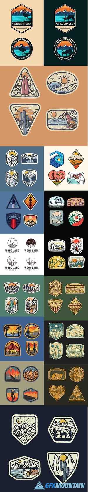 Camping, Mountain, Nature Wild Badge Graphic Illustrations Set
