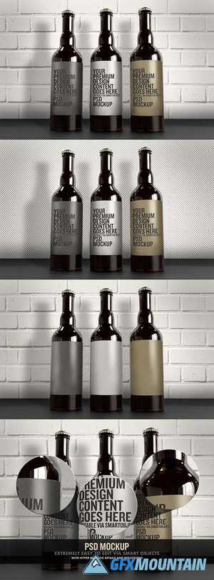3 Beer Bottles Mockup with White Brick Wall
