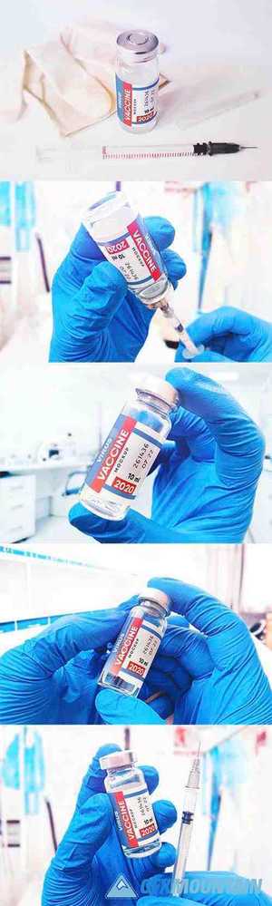 Vaccine bottle with syringe and medical gloves scene mockup